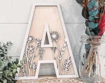 Wildflower Letter, Flower Initial, Floral Nursery Decor, Boho Decor, Floral Baby Name Sign, Floral Letter, Floral Initial, Rattan Letter