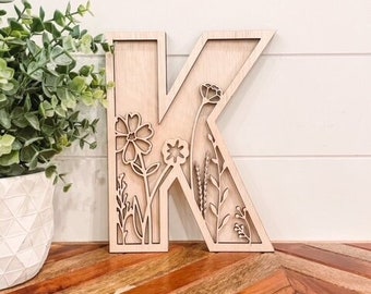 Wildflower Letter, Flower Initial, Floral Nursery Decor, Boho Decor, Floral Baby Name Sign, Floral Letter, Floral Initial, Rattan Letter