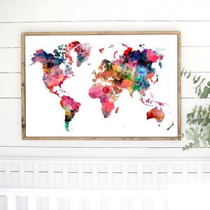 Mapa mundial de acuarela, impresión de mapa mundial de acuarela, signo de mapa colorido, signo de mapa mundial colorido, signo de mapa enmarcado de madera, acuarela colorida