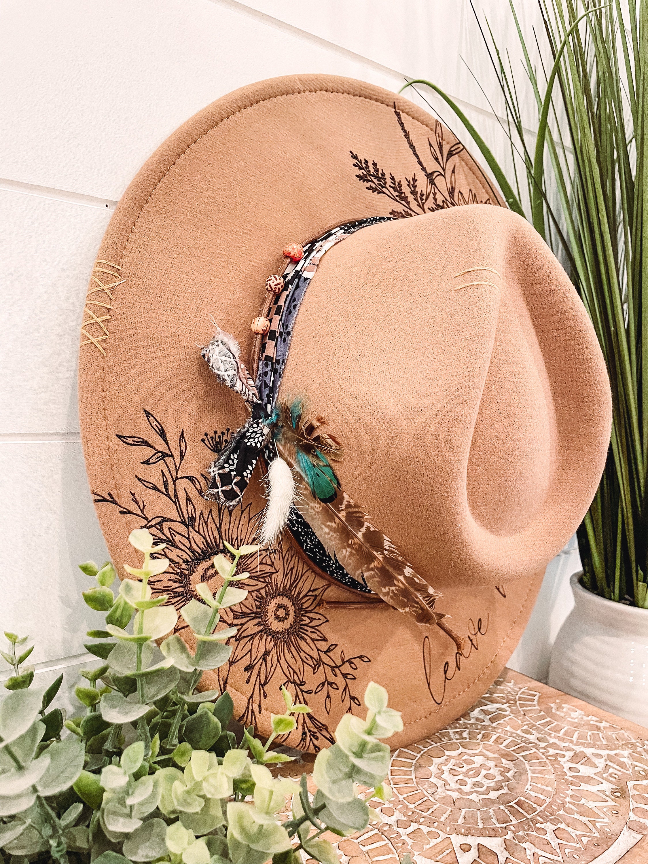 Leave Her Wild Floral Burned Hat Floral Engraved Cowboy Hat Sunflower Hat Sunflower Burned Fedora Engraved Felt Hat Boho Hat Etsy
