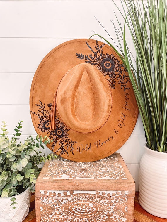 Sunflower Burned Hat, Floral Engraved Cowboy Hat, Sunflower  display picture 1