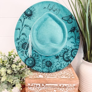 Sunflower Burned Hat, Floral Engraved Cowboy Hat, Sunflower Hat, Sunflower Burned Fedora, Engraved Suede Hat, Boho Hat, Vegan Suede