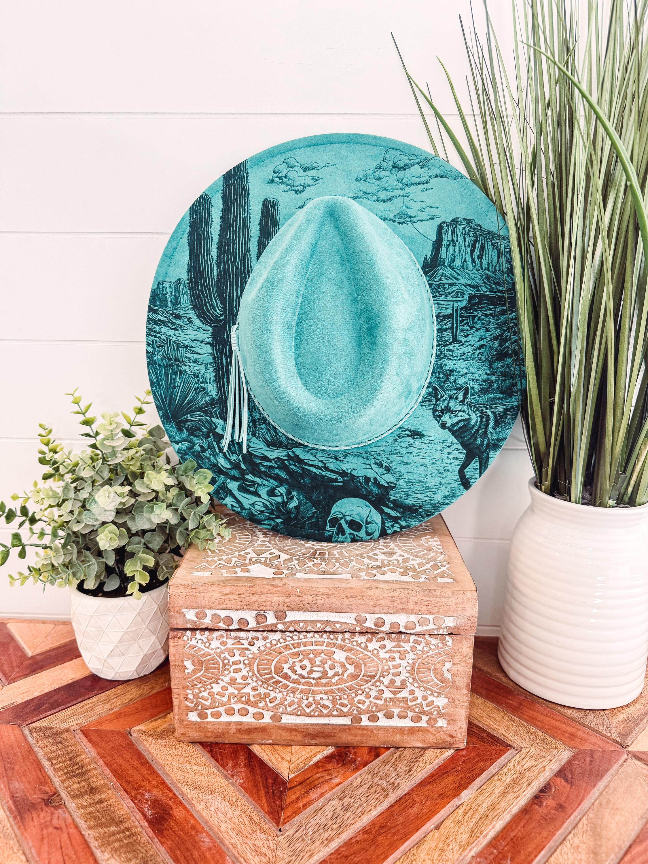 Desert Burned Hat, Cactus Engraved Cowboy Hat, Cactus Hat, Desert Burned Fedora, Engraved Suede Hat, Boho Hat, Vegan Suede Hat