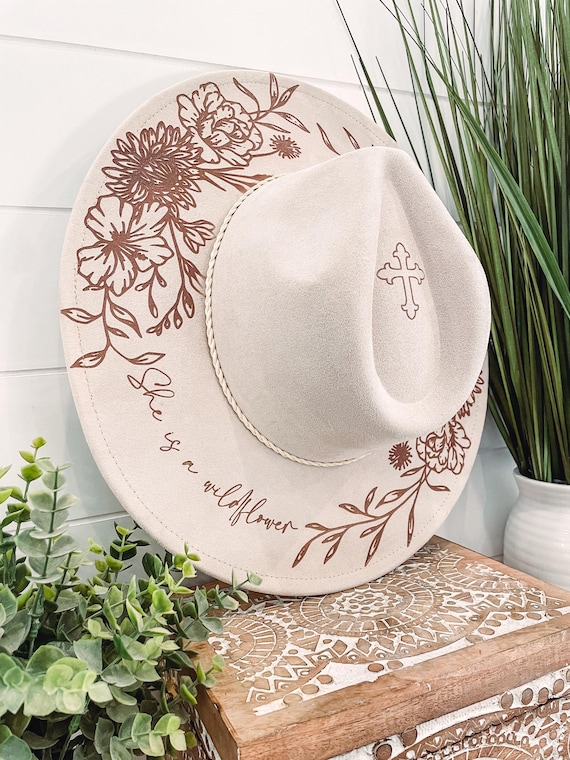Floral Burned Hat, Floral Engraved Cowboy Hat, Sunflower Hat  display picture 2
