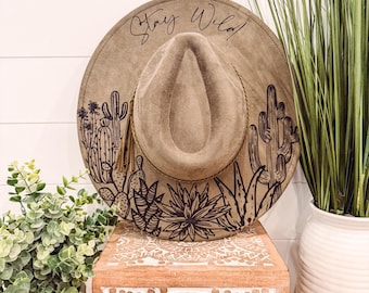 Custom Cactus theme vegan suede hat Desert Burned Hat, Cactus Engraved Cowboy Hat, Cactus Hat  main image 3