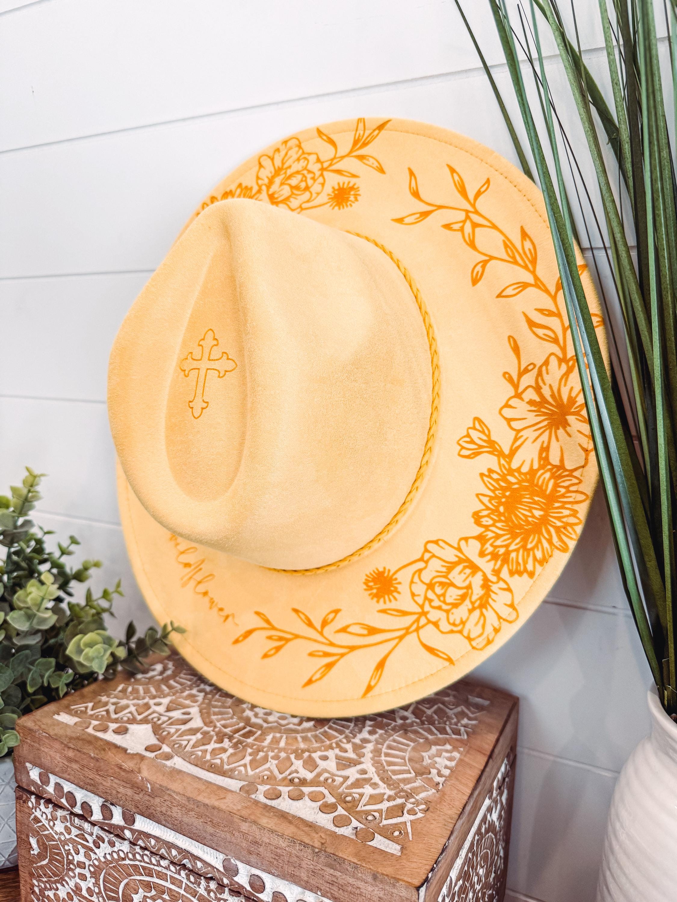 Cream Sunflower Western Hat with Bold Yellow Floral Accent Sunflower Burned Hat, Floral Engraved Cowboy Hat, Sunflower  main image 2