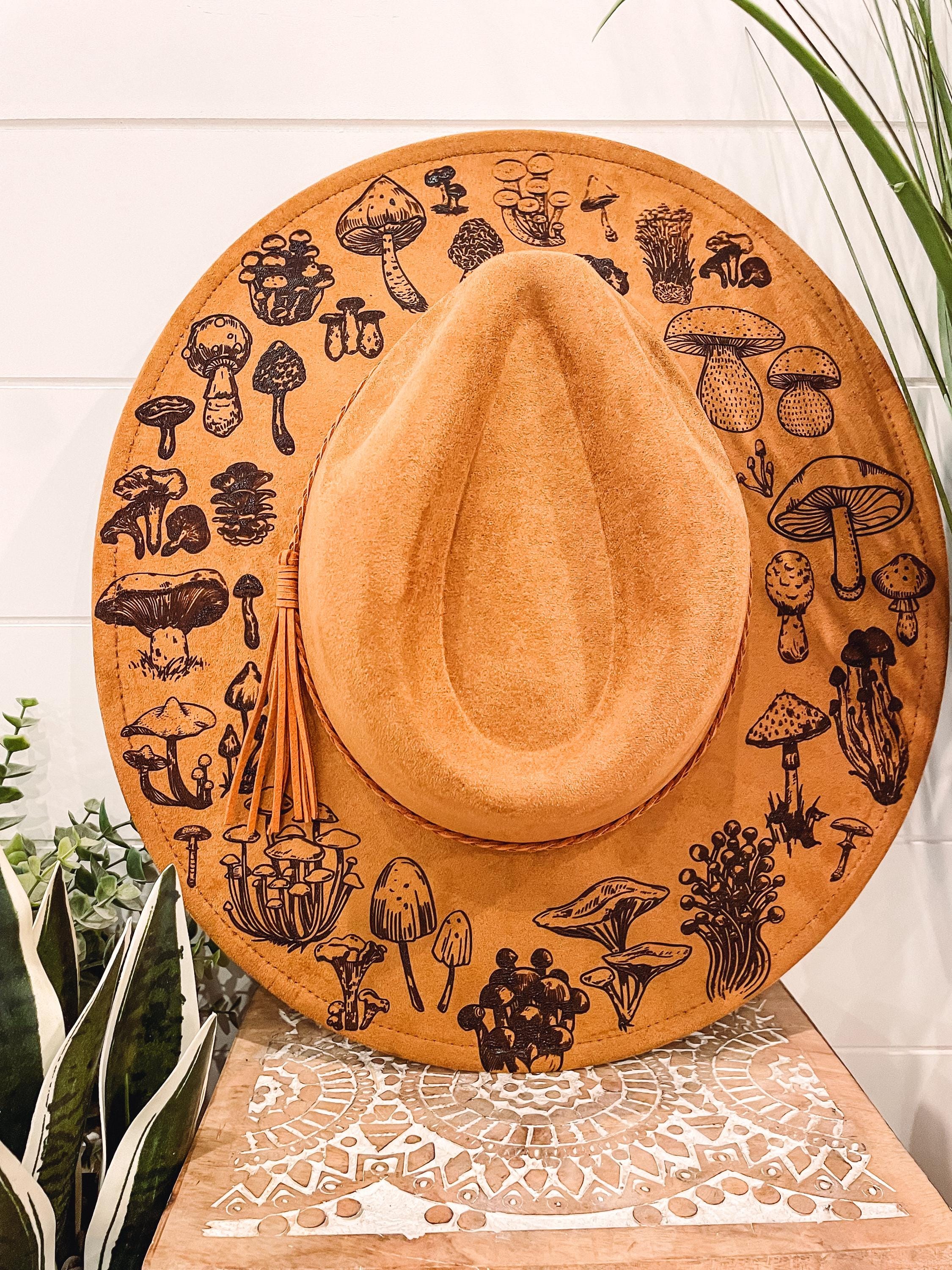 Distressed Mushroom Burned Hat, Flat Brim Suede Hat, Cottage Core Burned Hat Vegan Suede Classic Cowboy Custom Burned Hat – Kindled Stitch main image 4