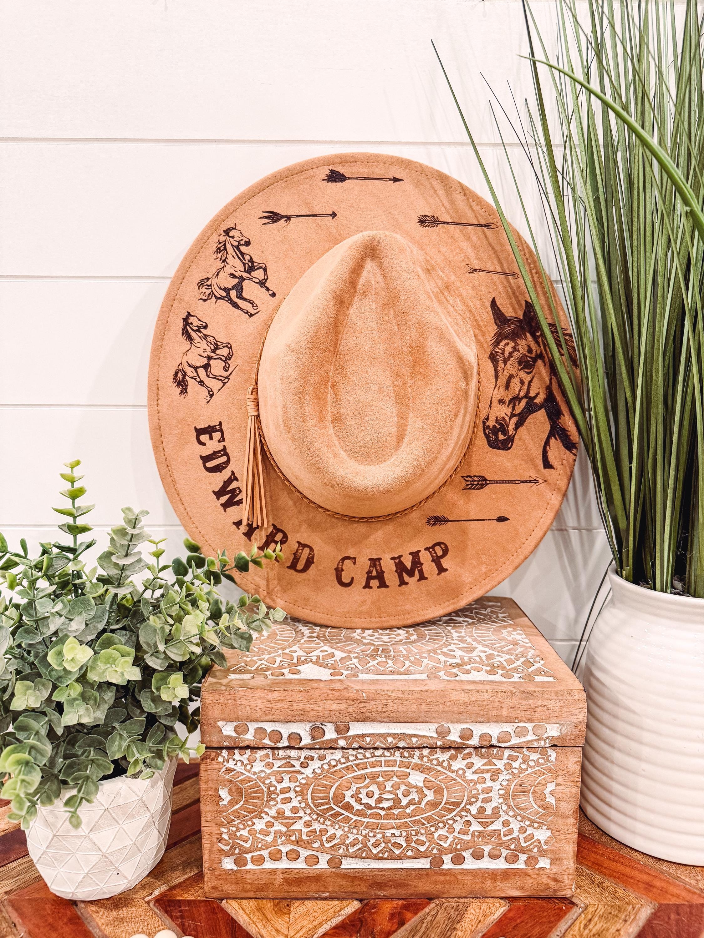 Rust Hand Burned Fedora Cowboy Hat With Horse and Outdoor Scene Hand Burned Wide Brim Fedora | Western, Cowgirl, Lainey  main image 4