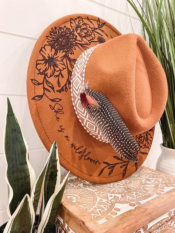 She is a Wildflower Floral Burned Hat, Floral Engraved  display picture 2