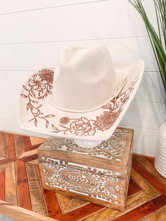 Floral Burned Hat, Floral Engraved Cowboy Hat, Sunflower Hat  display picture 3