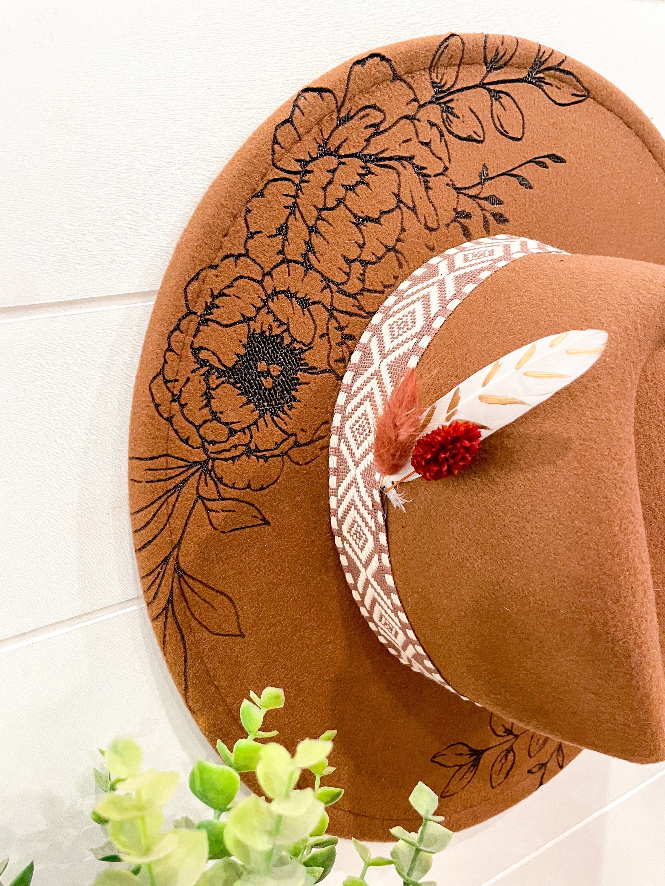 Floral Burned Hat, Floral Engraved Cowboy Hat, Sunflower Hat  display picture 1