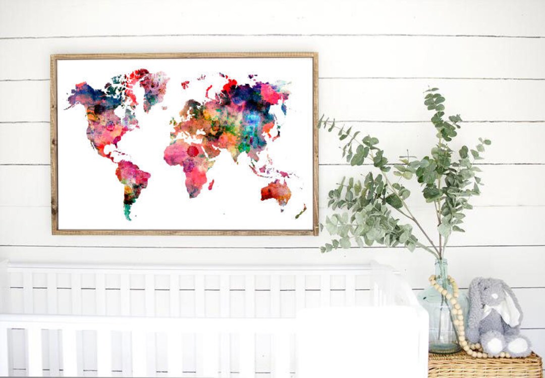 Watercolor World Map, Watercolor World Map Print, Colorful Map Sign ...