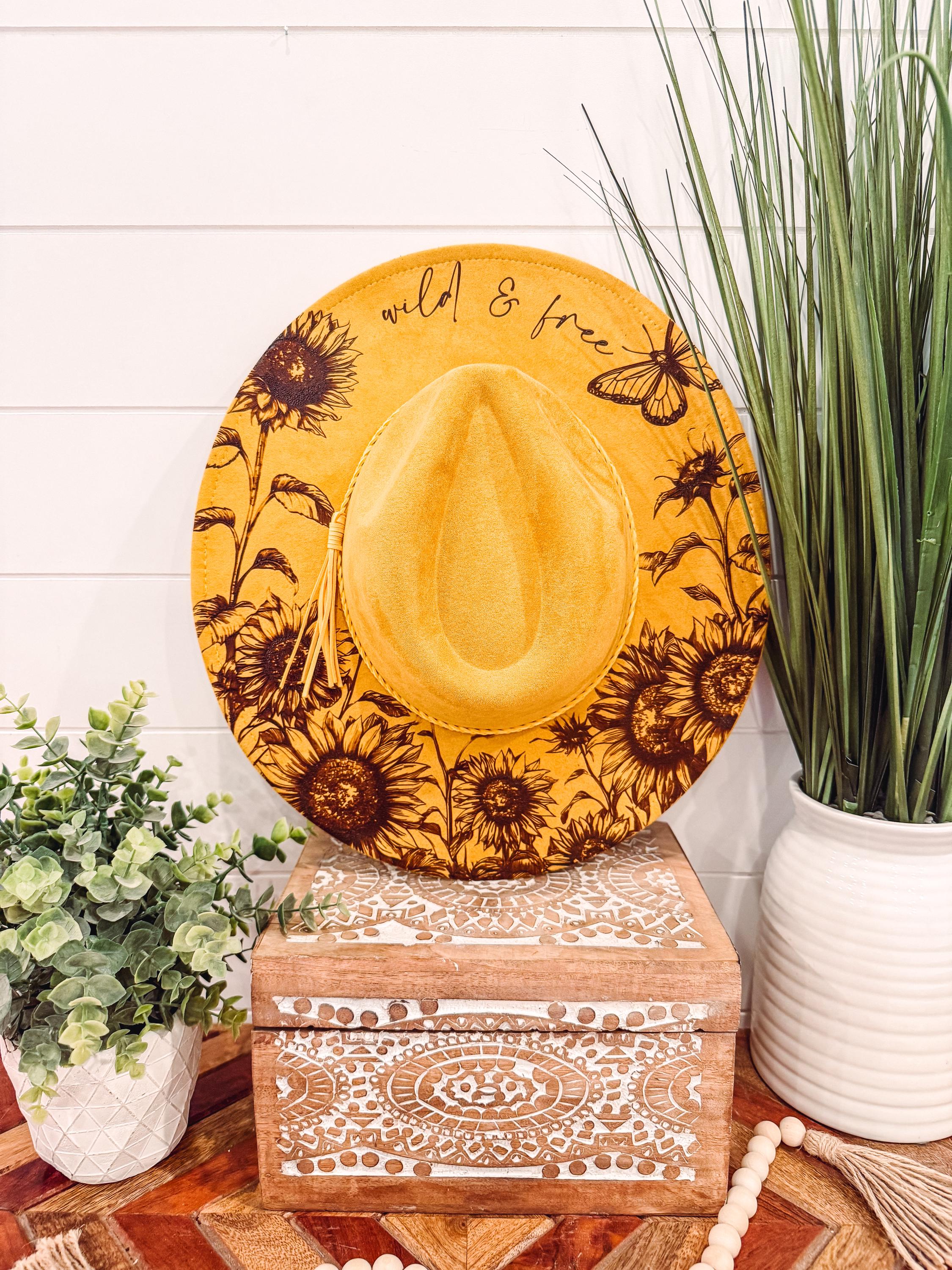 Sunflower Burned Hat, Floral Engraved Cowboy Hat, Sunflower 