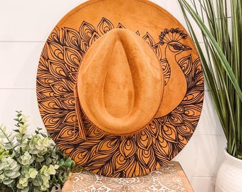 Peacock Burned Hat, Peacock Engraved Cowboy Hat, Peacock Hat, Peacock Burned Fedora, Engraved Suede Hat, Boho Hat, Vegan Suede