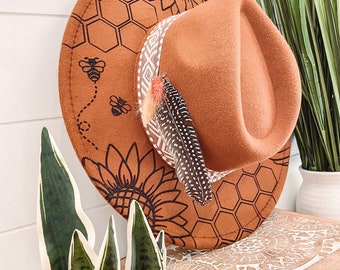 Handcrafted Tan Custom Wood Burned Floral Bee Wide Brim Fedora Boho Western Hat Floral Burned Hat, Floral Engraved Cowboy Hat, Sunflower Hat  main image 4