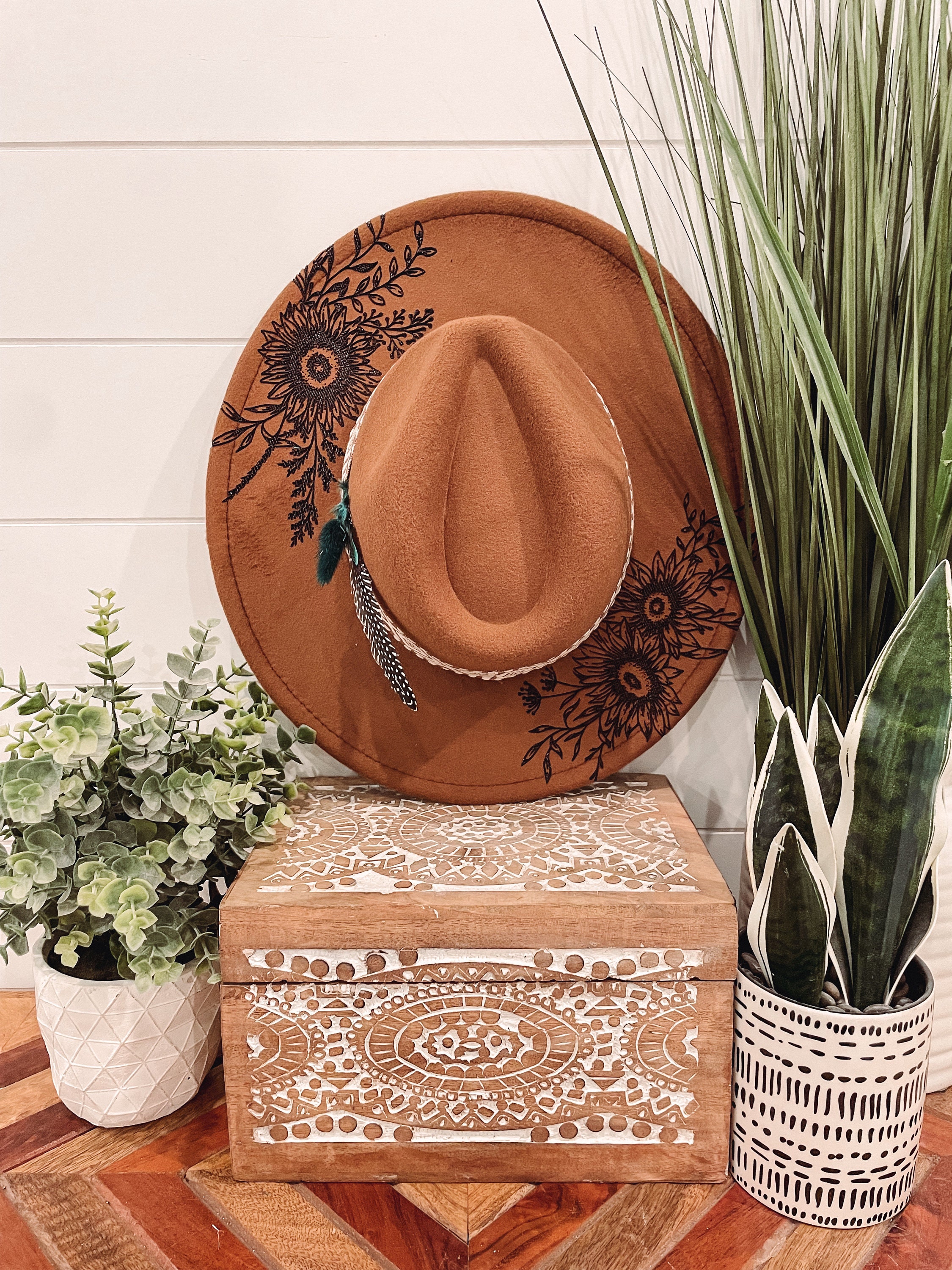 Floral Burned Hat, Floral Engraved Cowboy Hat, Sunflower Hat  display picture 2