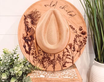 Wildflower Horse Hat, Floral Horse Hat, Horse Burned Hat, Floral Burned Hat, Cowgirl Hat, Horse Theme Hat, Engraved Cowboy Hat