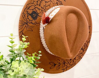 Floral Burned Hat, Floral Engraved Cowboy Hat, Sunflower Hat  display picture 3