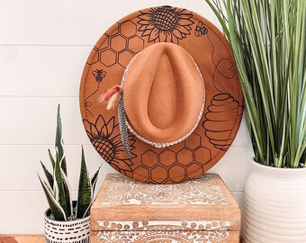 Sunflower Bee Burned Hat, Floral Engraved Cowboy Hat  display picture 3