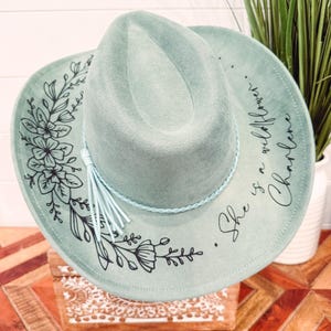 Floral Burned Hat, Floral Engraved Cowboy Hat, Sunflower Hat, Sunflower Burned Fedora, Engraved Suede Hat, Boho Hat, Vegan Suede image 6