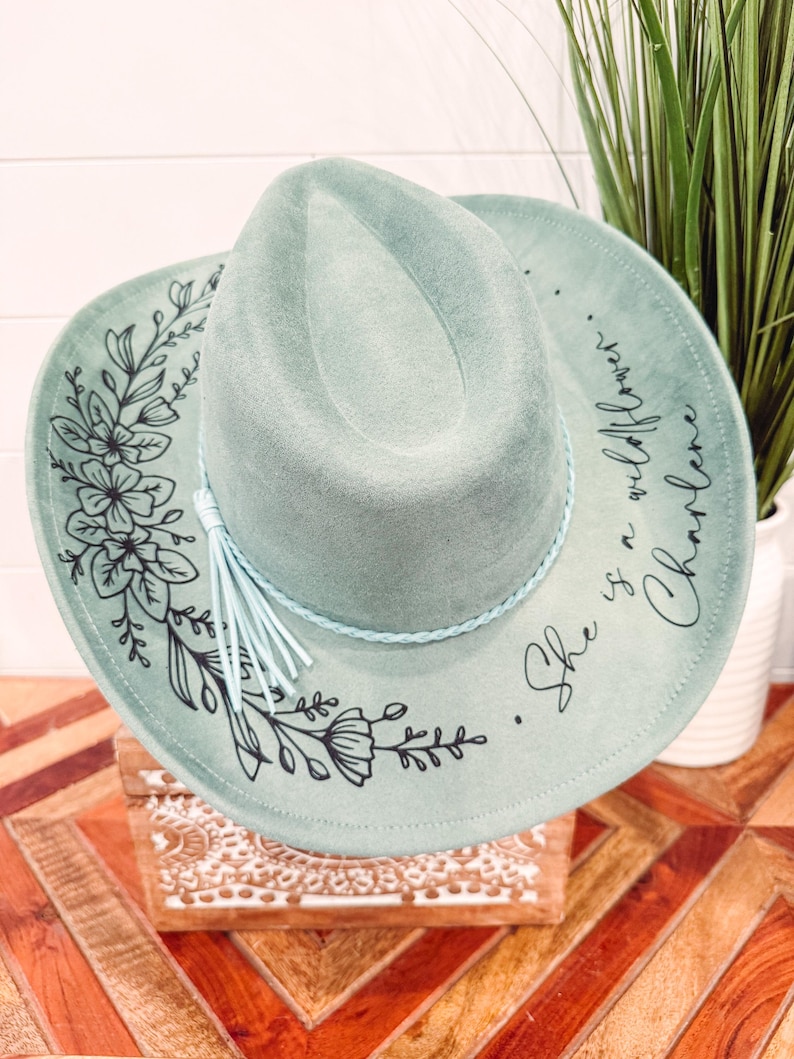 Floral Burned Hat, Floral Engraved Cowboy Hat, Sunflower Hat, Sunflower Burned Fedora, Engraved Suede Hat, Boho Hat, Vegan Suede image 6
