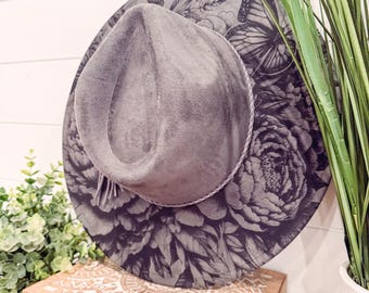 Peony Burned Hat, Floral Engraved Cowboy Hat, Peony Hat  display picture 1