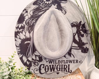 Wildflower Cowgirl Hat, Horse Hat, Horse Burned Hat, Floral Burned Hat, Cowgirl Hat, Horse Theme Hat, Cowgirl Engraved Hat