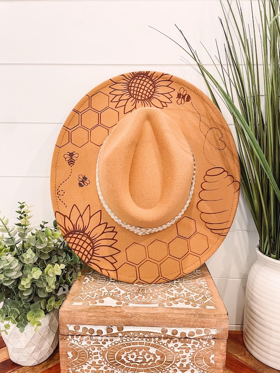 Handmade Bee & Sunflower Heart Crown Rancher Hat Peach Felt Wide Brim Boho 412917de9b8285d2c36faaa550c6b5  main image 3