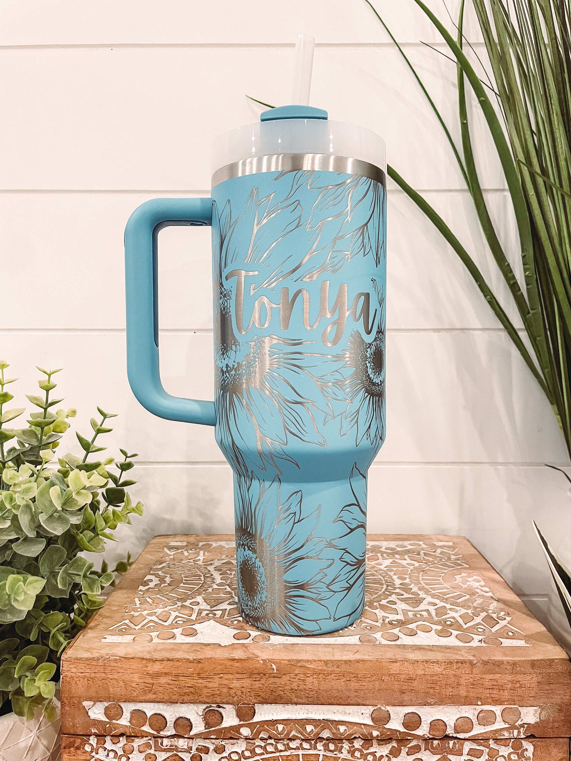40oz Sunflower Print Stanley Style Cup with Handle - 360 degree engraving!  FREE SHIPPING
