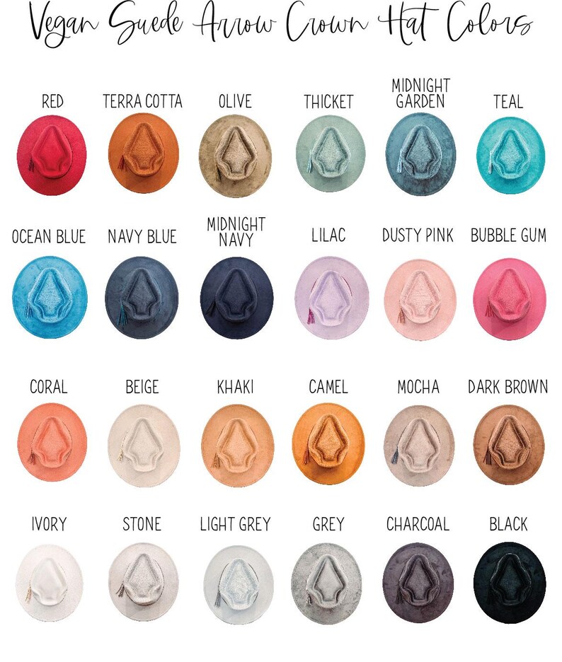 May include: A selection of vegan suede arrow crown hats in a range of colours, such as red, terra cotta, olive, and teal. The hats feature an arrow-shaped crown design and are arranged in a circle, with the colour names above each hat.