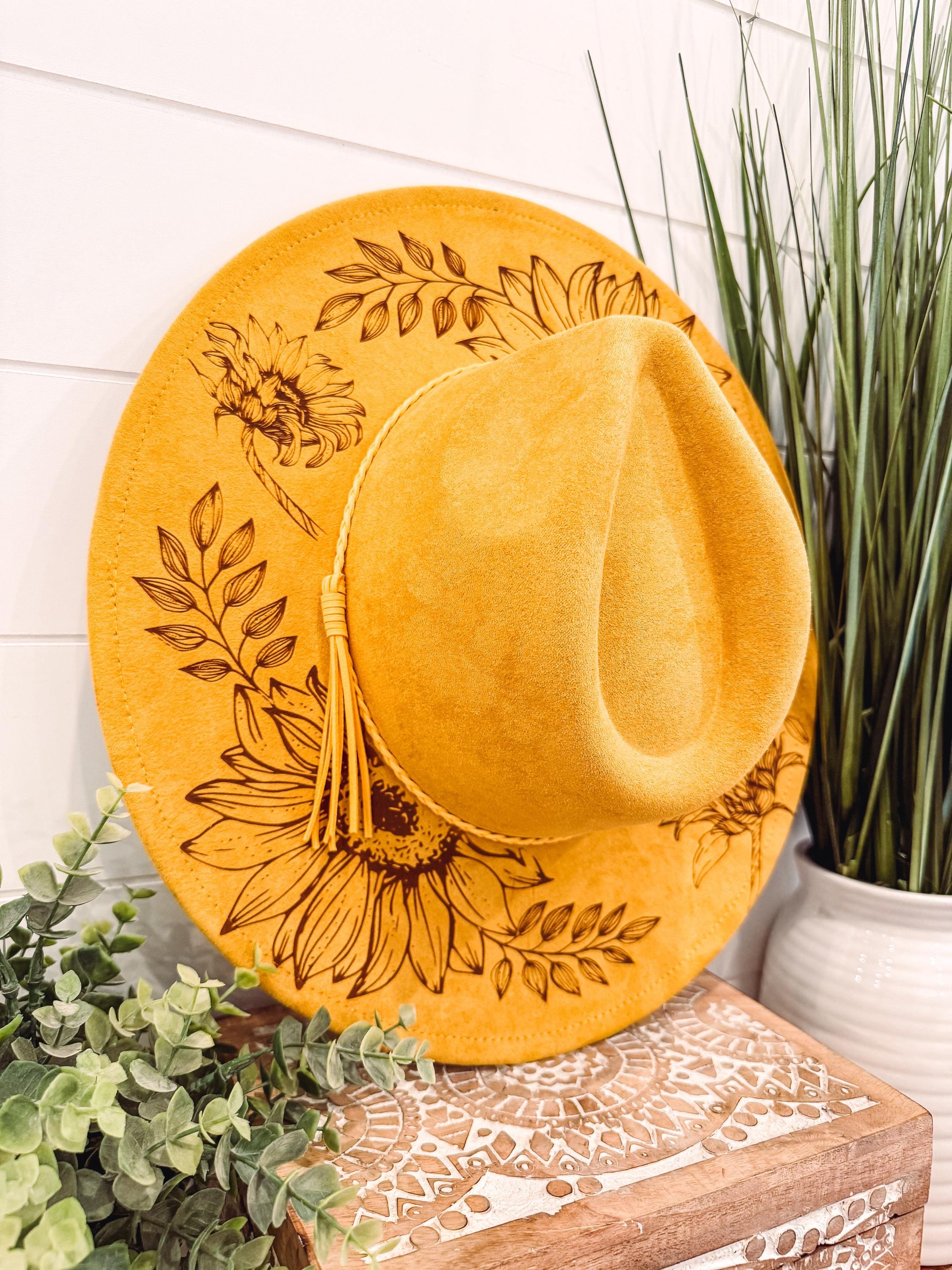 Sunflower Burned Hat, Floral Engraved Cowboy Hat, Sunflower  display picture 3