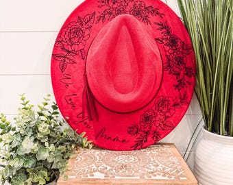Rose Burned Hat, Rose Engraved Cowboy Hat, floral Hat, Rose Burned Fedora, Engraved Suede hat, Boho Hat, Vegan Suede