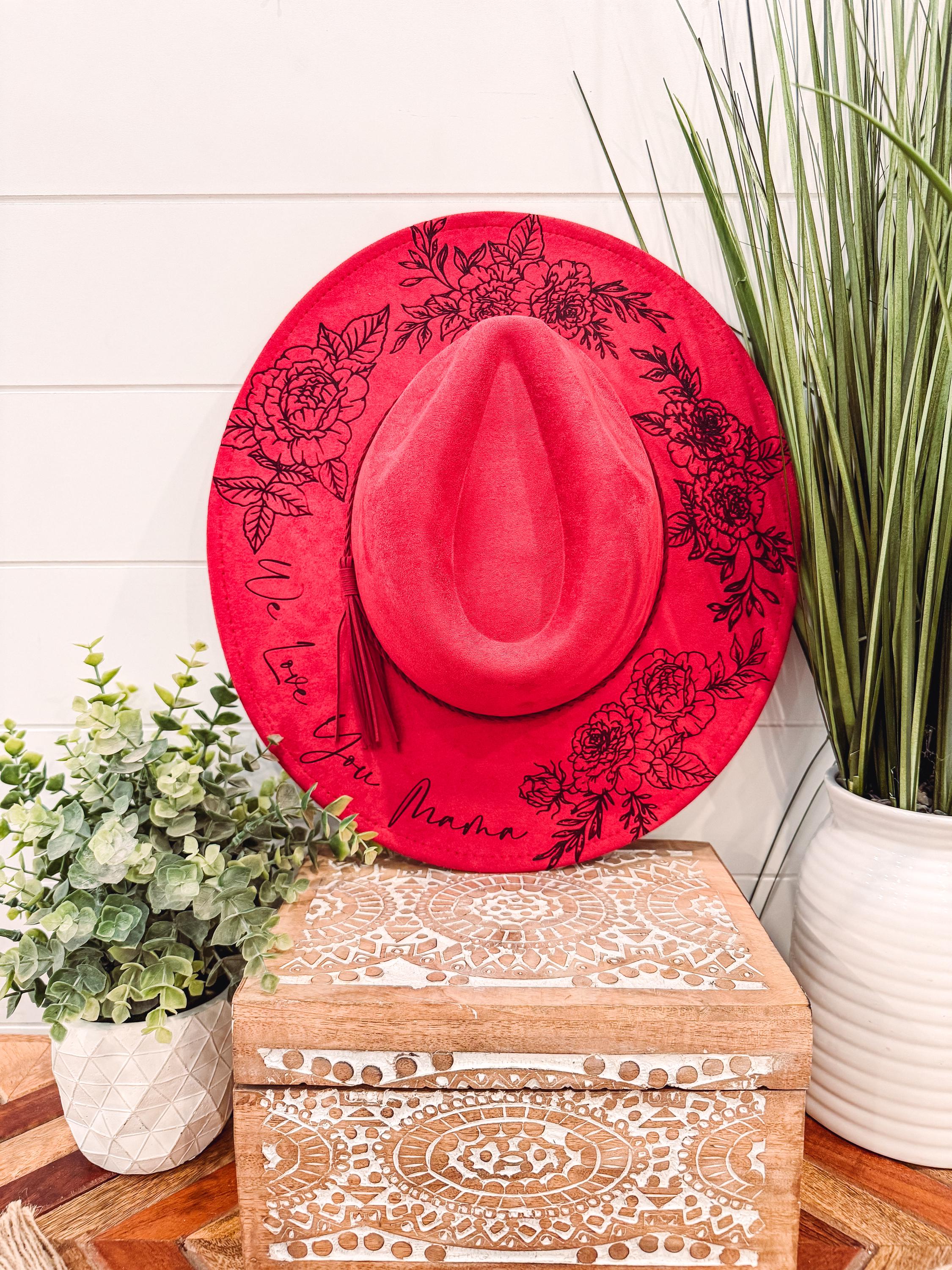 Magenta Vegan Suede Wide-Brim Hat – Laser Engraved Garden Roses, Hibiscus & Drag Laser engraved vegan suede hats available main image 2