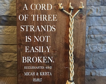 A Cord Of Three Strands Sign, A Cord of 3 Strands, Ecclesiastes 4:9-12, Wedding Ceremony Sign, Unity Ceremony Sign, Rustic Wedding Gift