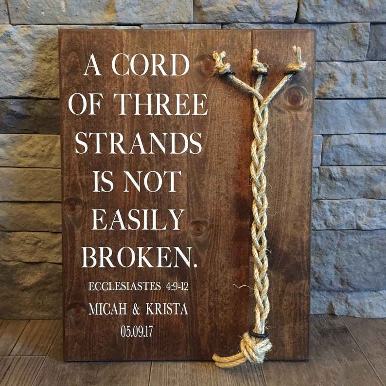 A Cord Of Three Strands Sign, A Cord of 3 Strands, Ecclesiastes 4:9-12, Wedding Ceremony Sign, Unity Ceremony Sign, Rustic Wedding Gift image 1