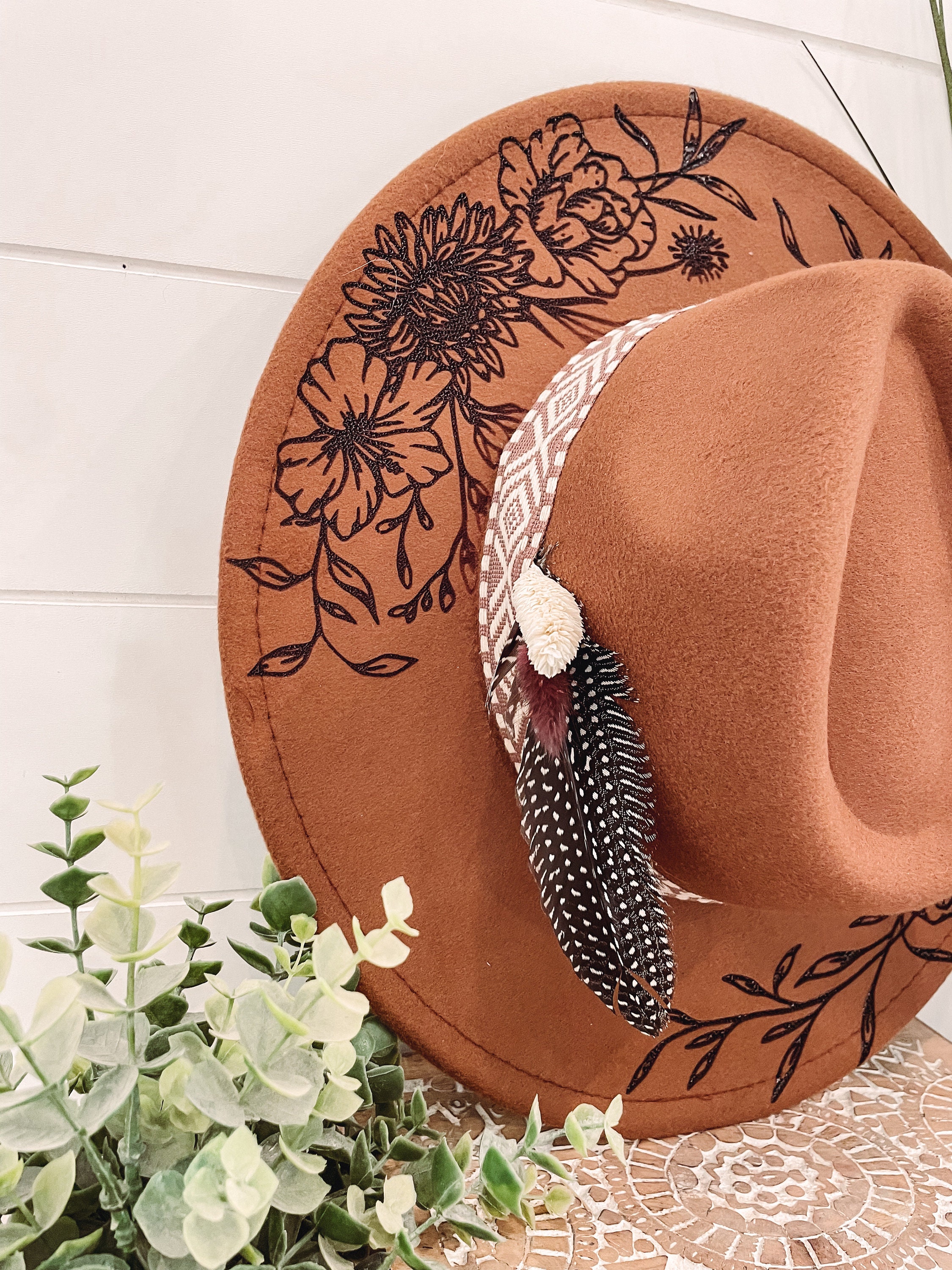 Floral Burned Hat, Floral Engraved Cowboy Hat, Sunflower Hat 