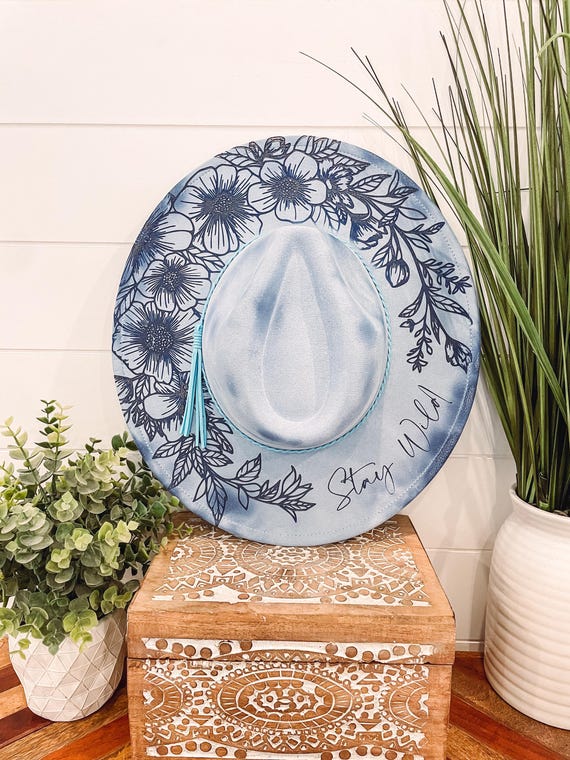 Vegan Suede Wide-Brim Hat – Laser Engraved Bluebell Floral Design ?New Design Alert! ?✨ This beautiful butterfly and floral  main image 2