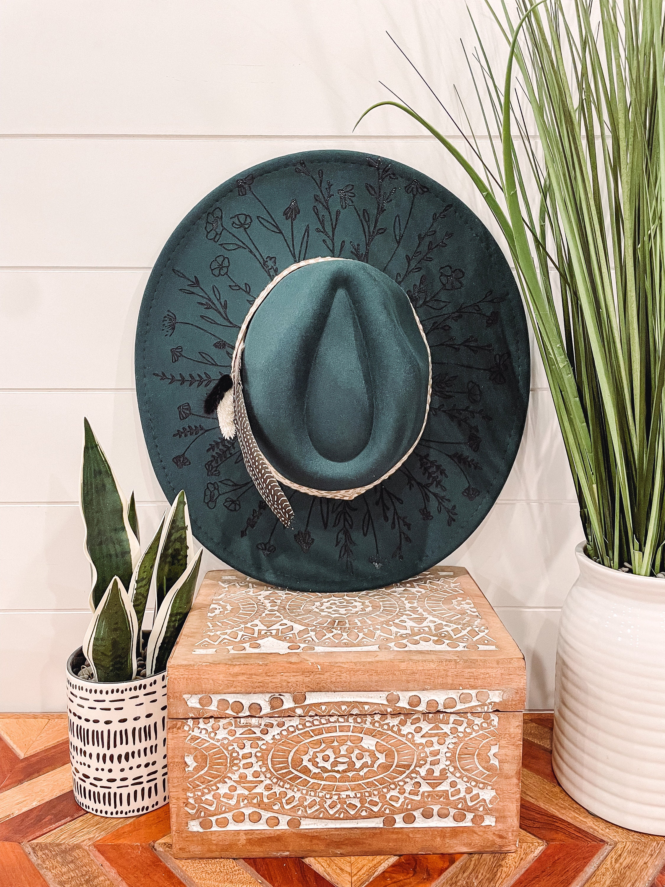 Custom Olive Green Wood Burned Fedora Women One Size Floral Butterfly Laser Engraved Peraonalized Floral Butterfly Vegan Suede  main image 2