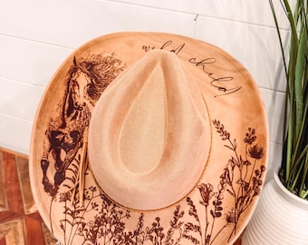 Wildflower Horse Hat, Floral Horse Hat, Horse Burned Cowboy Hat, Floral Burned Hat, Cowgirl Hat, Horse Theme Hat, Engraved Cowboy Hat