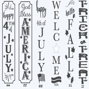 Puede incluir: Seis letreros de madera verticales con diferentes dise&ntilde;os y textos. El primer letrero dice "happy 4th of JULY" con fuegos artificiales en la parte inferior. El segundo letrero dice "God Bless AMERICA". El tercer letrero dice "happy 4th of JULY" con una bandera estadounidense en la parte inferior. El cuarto letrero dice "WELCOME". El quinto letrero dice "hello FALL" con hojas en la parte inferior. El sexto letrero dice "TRICK OR TREAT" con un dise&ntilde;o de telara&ntilde;a.