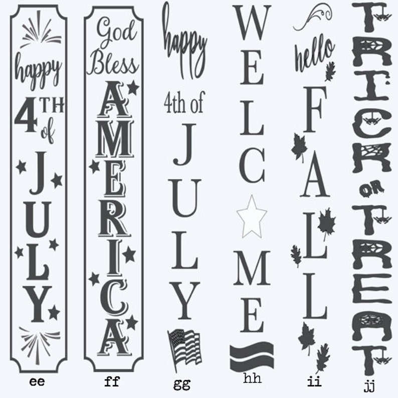 Puede incluir: Seis letreros de madera verticales con diferentes dise&ntilde;os y textos. El primer letrero dice "happy 4th of JULY" con fuegos artificiales en la parte inferior. El segundo letrero dice "God Bless AMERICA". El tercer letrero dice "happy 4th of JULY" con una bandera estadounidense en la parte inferior. El cuarto letrero dice "WELCOME". El quinto letrero dice "hello FALL" con hojas en la parte inferior. El sexto letrero dice "TRICK OR TREAT" con un dise&ntilde;o de telara&ntilde;a.