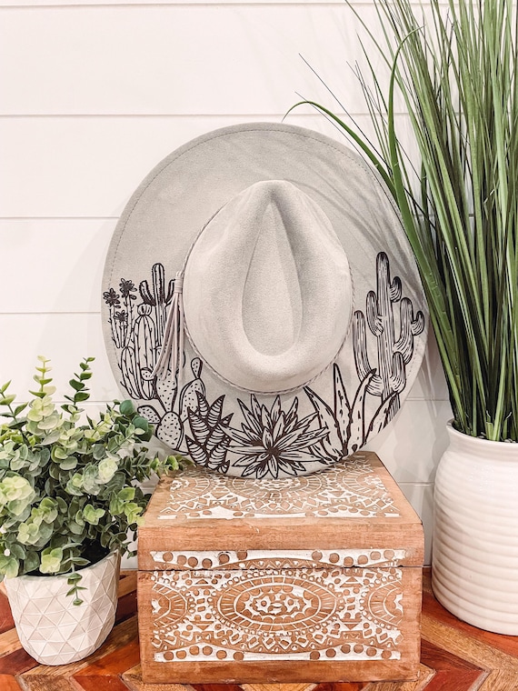 Desert Burned Hat, Cactus Engraved Cowboy Hat, Cactus Hat 