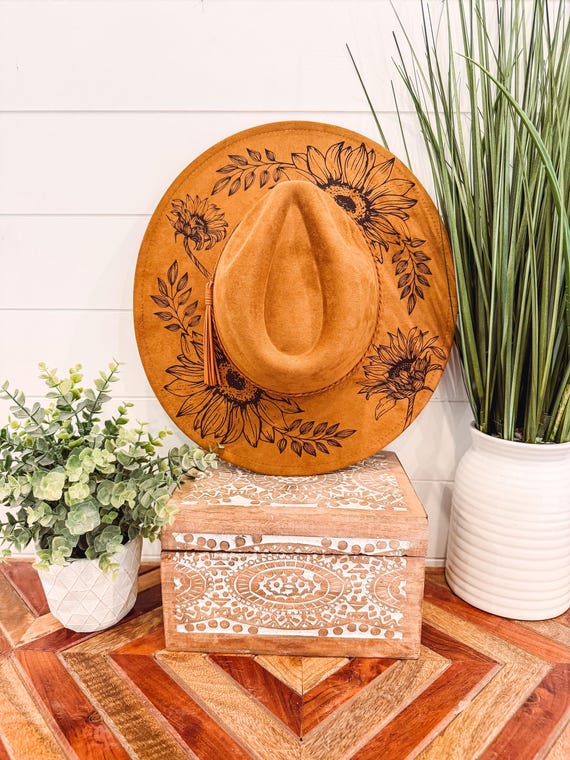 Sunflower Burned Hat, Floral Engraved Cowboy Hat, Sunflower  display picture 3