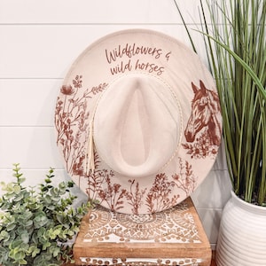 Wildflowers Hat, Burned Cowboy Hat, Floral Burned Hat, Cowgirl Hat, Horse Theme Hat, Horse Hat, Engraved Cowboy Hat, Boho Hat