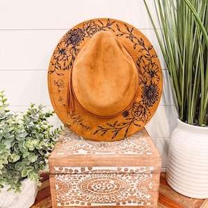 Youth Floral Print Hat, Child Size Burned Hat, Floral Burned Hat, Cowgirl Hat, wildflower Hat, Horse Hat, Engraved Cowboy Hat