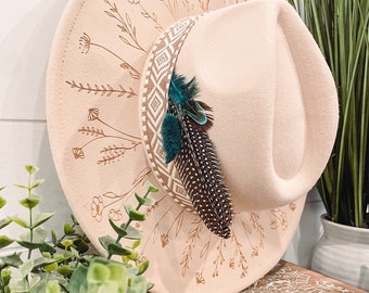 Wildflower Floral Burned Hat, Floral Engraved Cowboy Hat, Sunflower Hat, Sunflower Burned Fedora, Engraved Felt Hat, Boho Hat