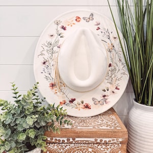 Blumen Print Hut, Blumen Cowboy Hut, Sonnenblume Hut, Wildblumen Wildleder Hut, Boho Hut, Vegan Wildleder, Cowgirl Hut, Hut mit breiter Krempe