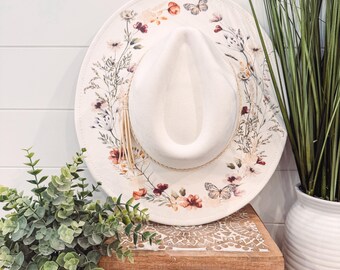 Floral Print Hat, Floral Cowboy Hat, Sunflower Hat, wildflower Fedora, Floral Suede Hat, Boho Hat, Vegan Suede, cowgirl hat, wide brim hat