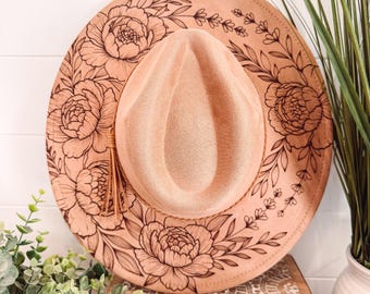 Pfingstrose Gebrannter Hut, Cowboy Hut mit Blumen Gravur, Peony Hut, Pfingstrose Gebranntes Fedora, Wildlederhut, Boho Hut, Veganes Wildleder