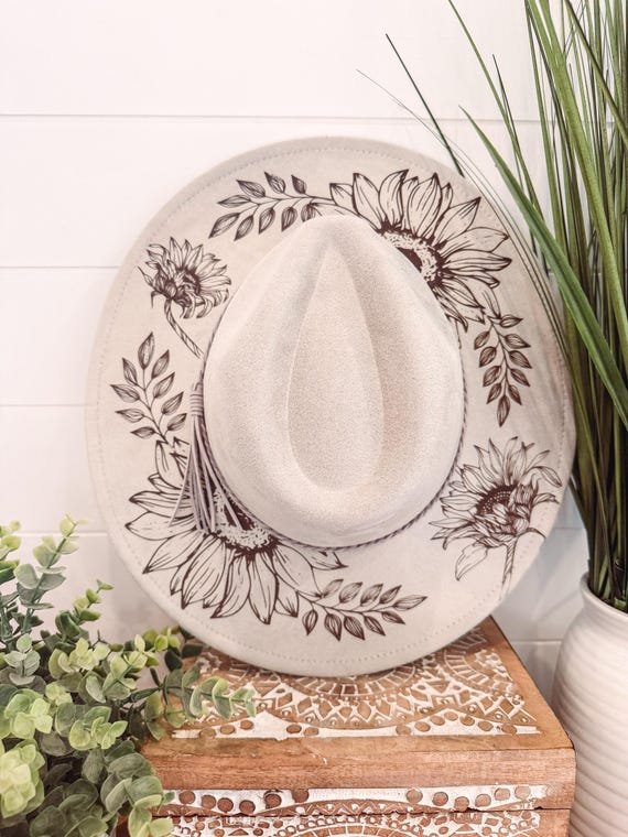 Rustic Brown Wide-Brim Hat with Leaf Design Hand Burned Floral Hat | Western Cowgirl Suede Look  main image 3